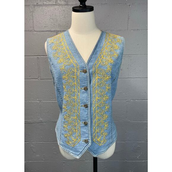 Vintage 1990s Lightwash Denim Embroidered Vest Hippie Boho Gorpcore Cottage LG - Picture 1 of 10